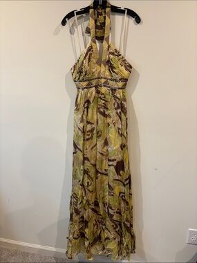 BCBGMaxAzria Green and Brown Halter-Style Printed Maxi Dress